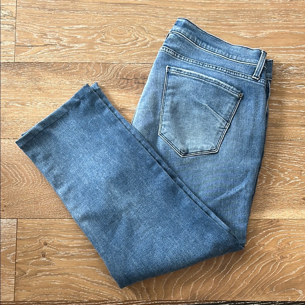 JAMES JEANS “Slim Boyfriend” stretch distressed jeans, size 12 (34 waist).